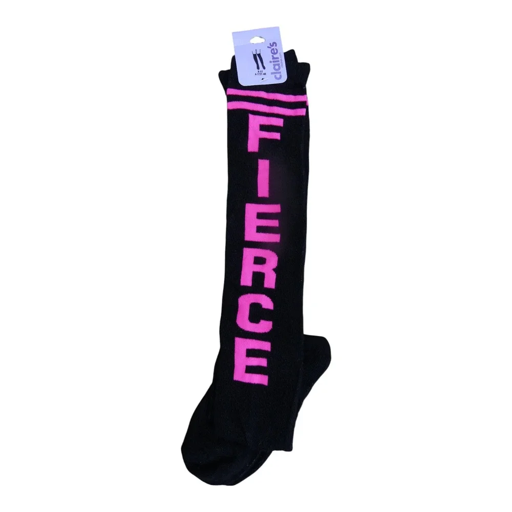 Claire's Knee High Socks Girls 9-11 Black Fierce Neon Pink Graphic Striped